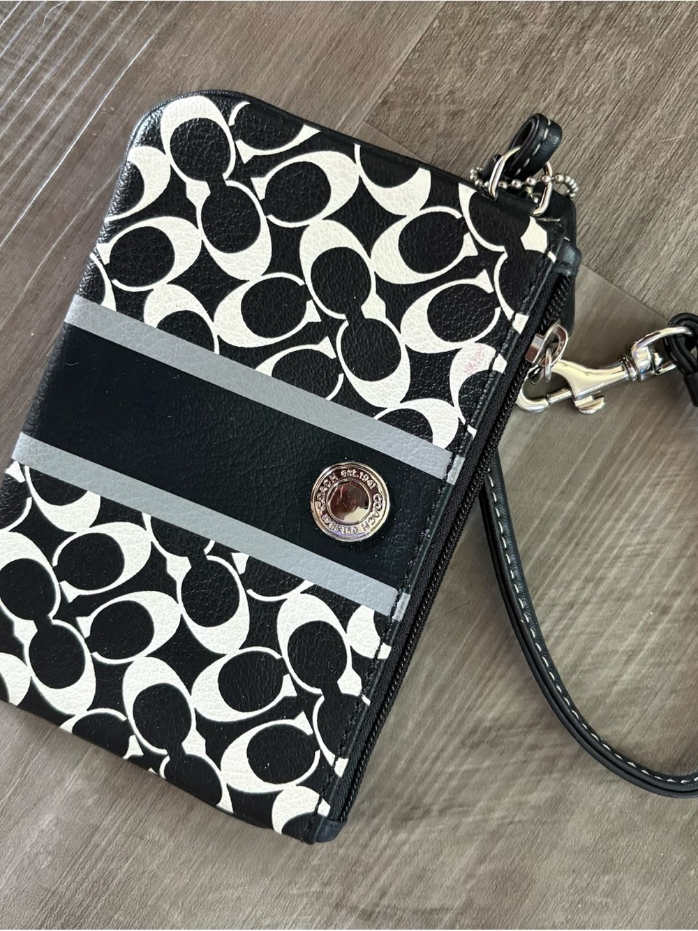 Coach Black & White Signature Wristlet with Gray Stripe